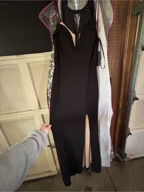 City Studio Black Prom Gown with Nude Lining and Front Slit